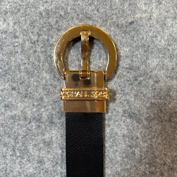 Michael Kors Twist Reversible Belt 39" Women's Black Tan Leather Logo Gold-Tone - Picture 1 of 1